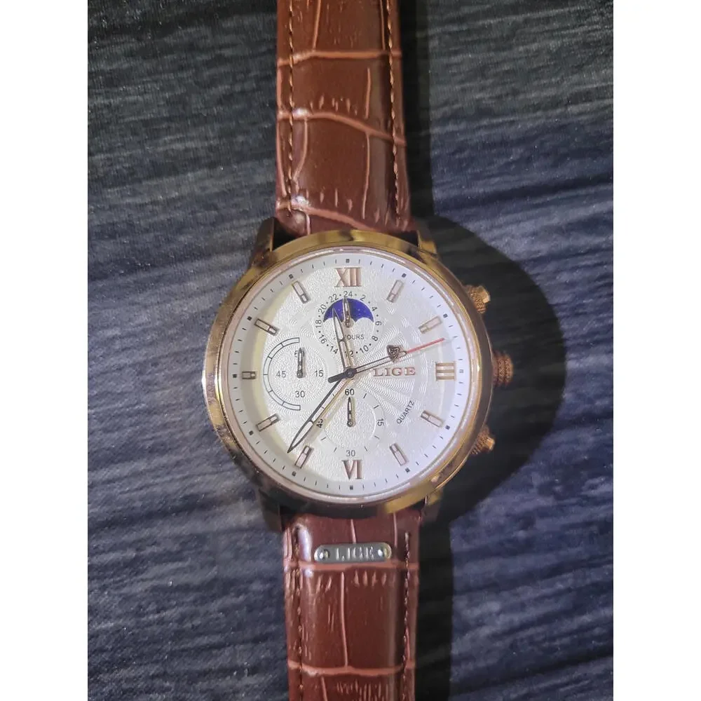 Vintage NOS Lige Mens Chronograph Moon‎ Phase Watch L8932